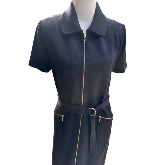 Vintage Black Short Sleeve Belted Knit Dress With Gold Zipper & Pockets - Picture 2 of 8